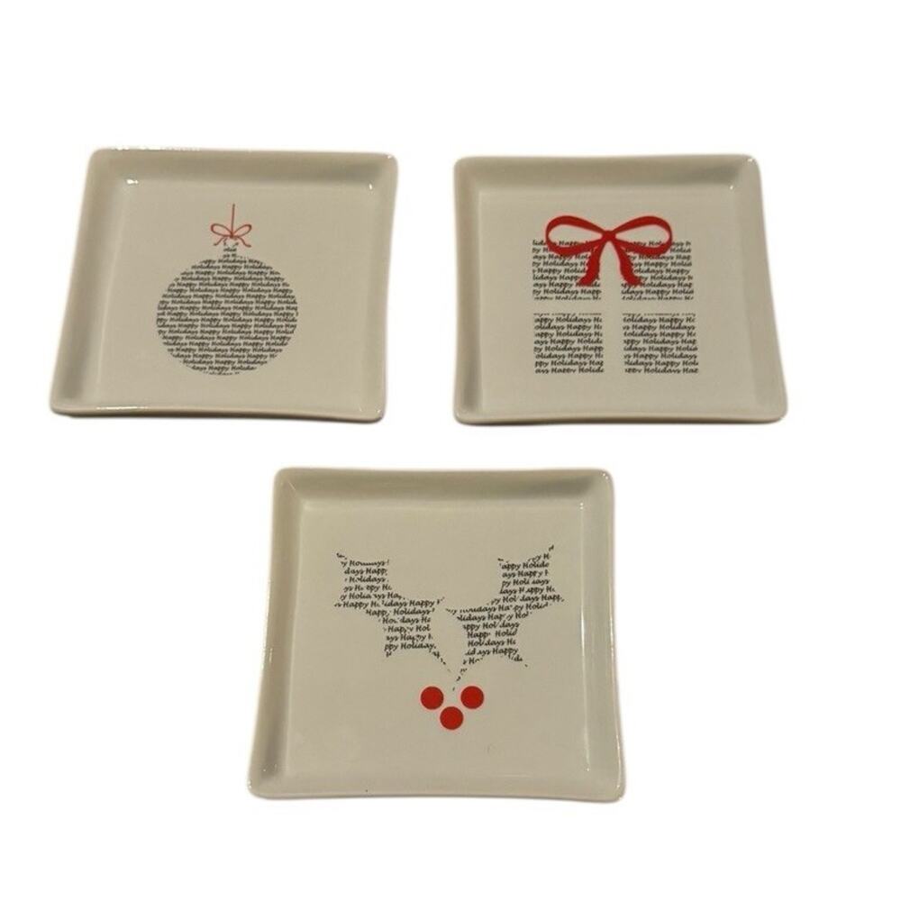 BIA Holiday Plates Set of 3 Square Happy Holidays Word Art Christmas Appetizer‎